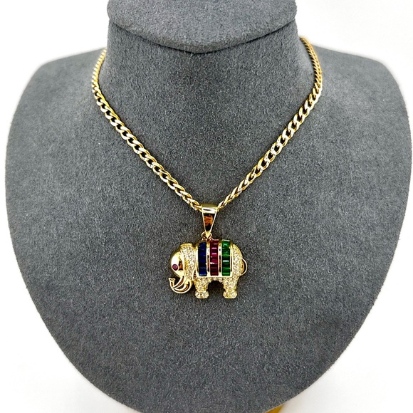 18K Gold Plated over 925 Sterling Silver Multicolor Elephant Necklace - Picture 1 of 10